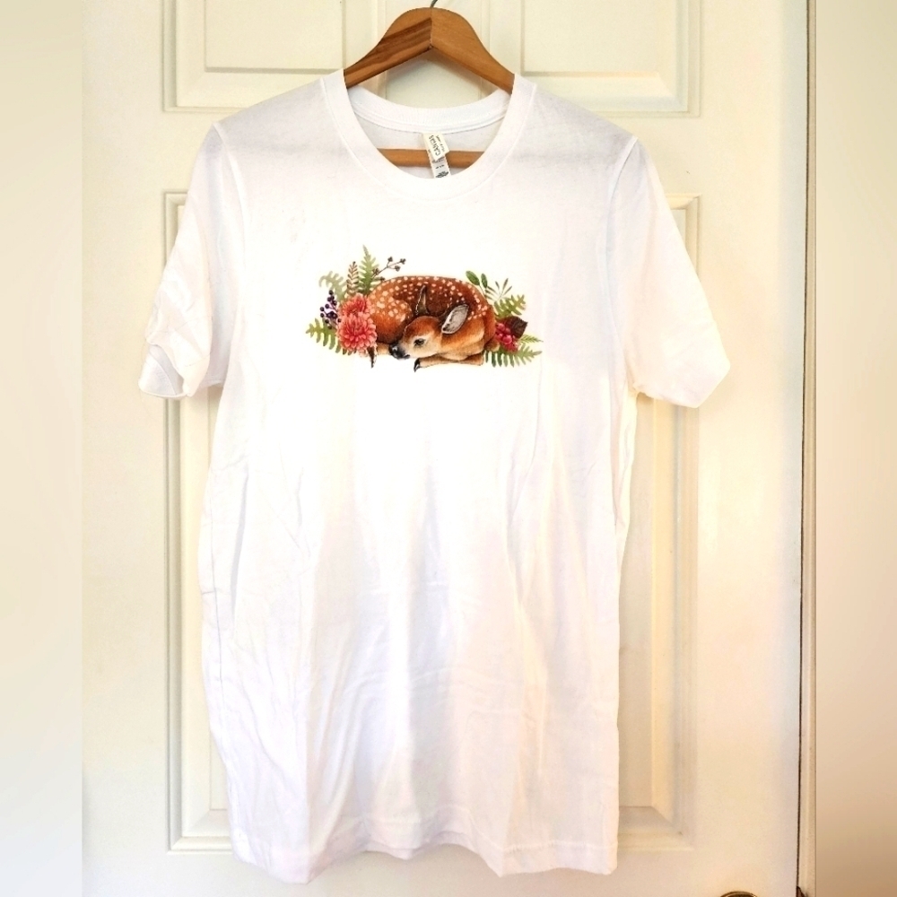 Bella Canvas floral baby fawn cottagecore tshirt size medium 100 cotton fairy